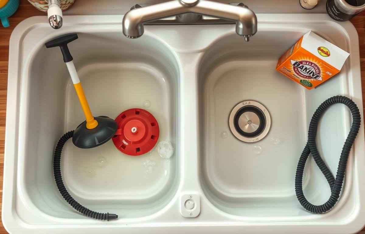 how to unclog a double kitchen sink with standing water