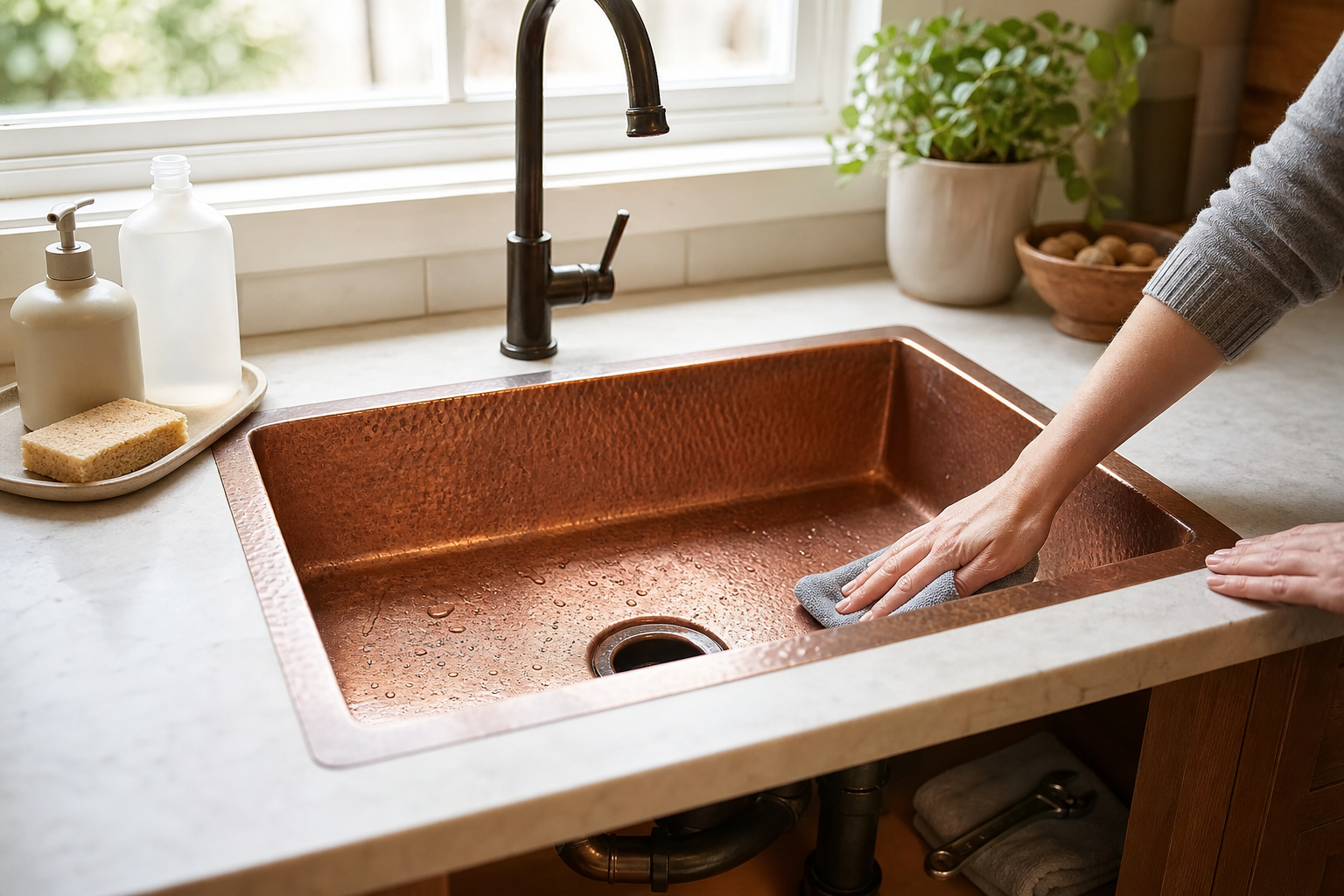 Plumbing scene for Cleaning and Maintaining a Copper Sink: Finish-Safe Care Checks