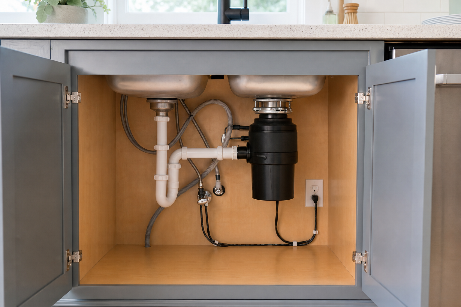 Plumbing scene for Corded vs Non-Corded Garbage Disposals: Planning Checks Before Buying