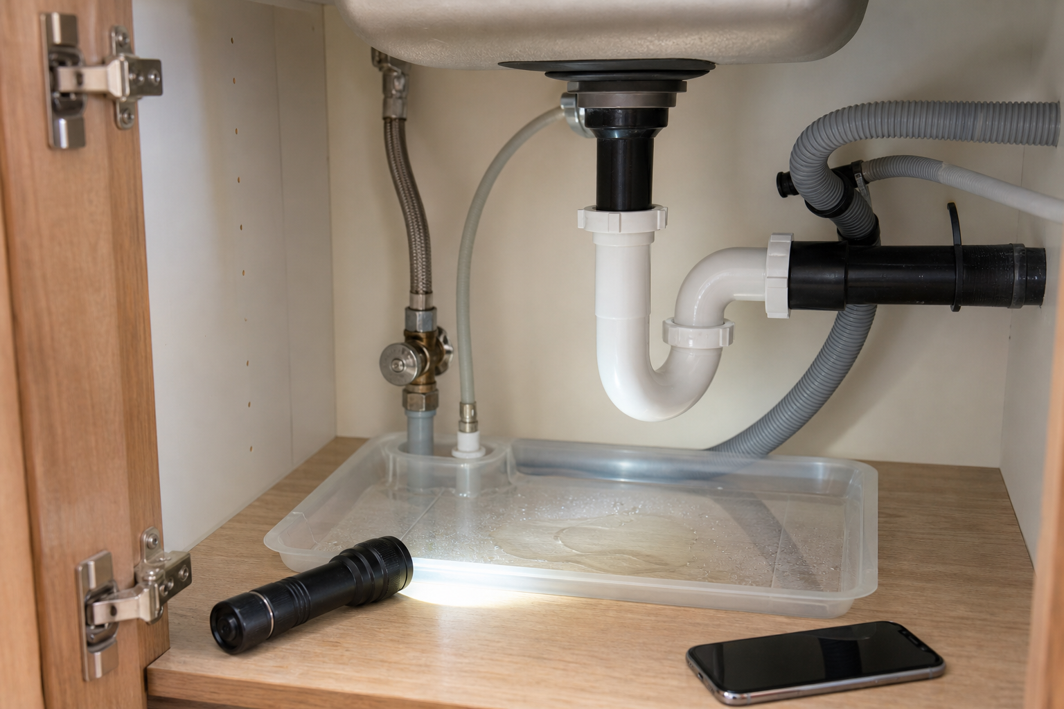 Plumbing scene for Dishwasher Leaking Under the Sink: What to Document First