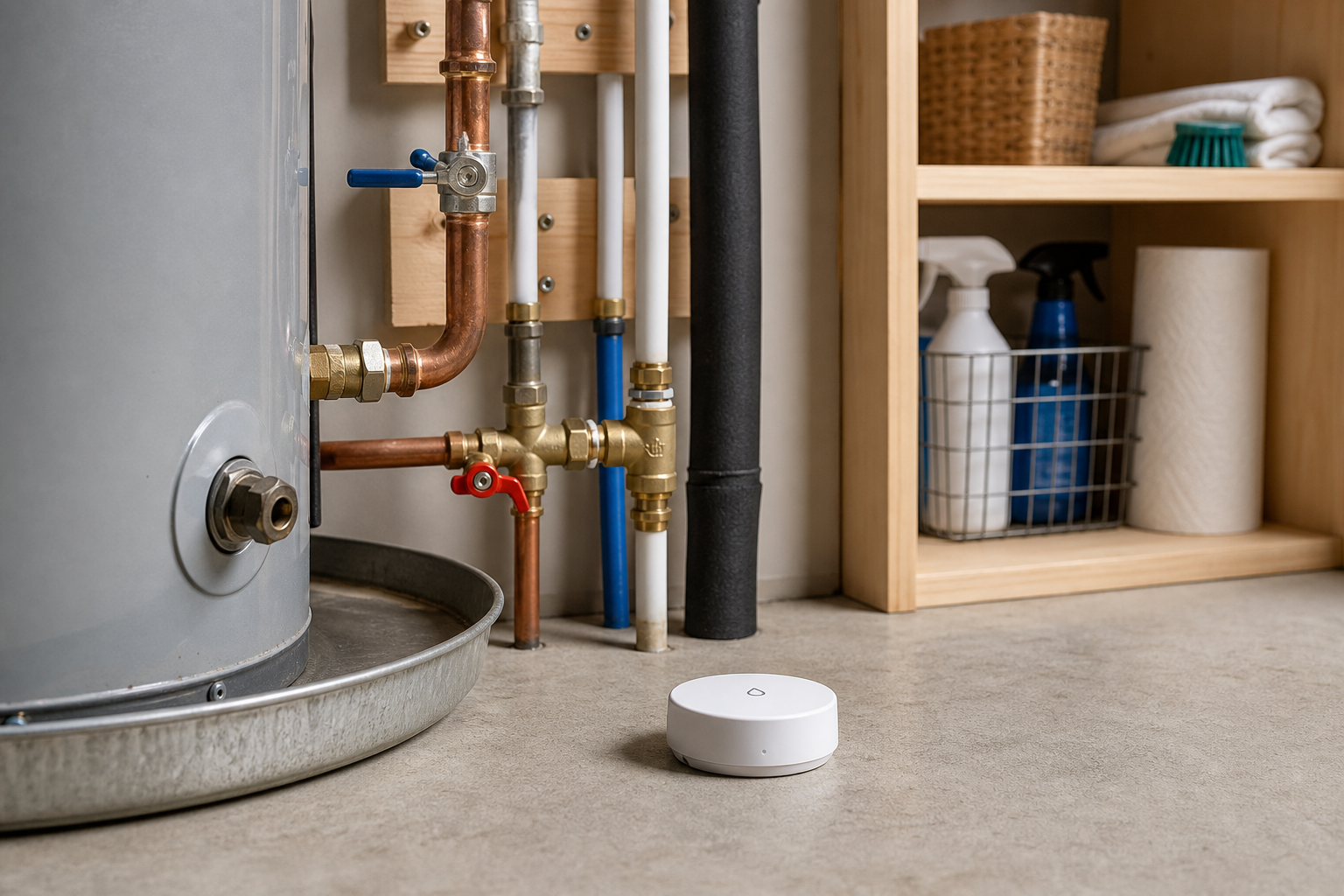 Plumbing scene for Water Leak Detectors for Homeowners: Types, Limits, and Buying Checks
