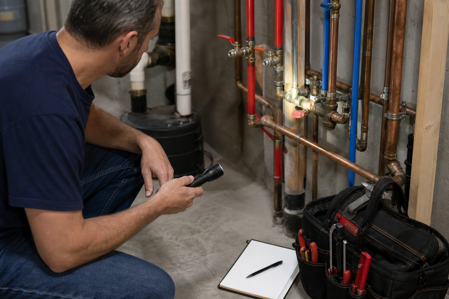 Plumbing scene for DIY vs Professional Plumbing Inspections: What Homeowners Can Safely Check
