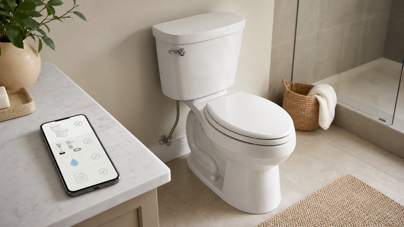 Installed toilet beside a phone showing a model and service-part planning checklist