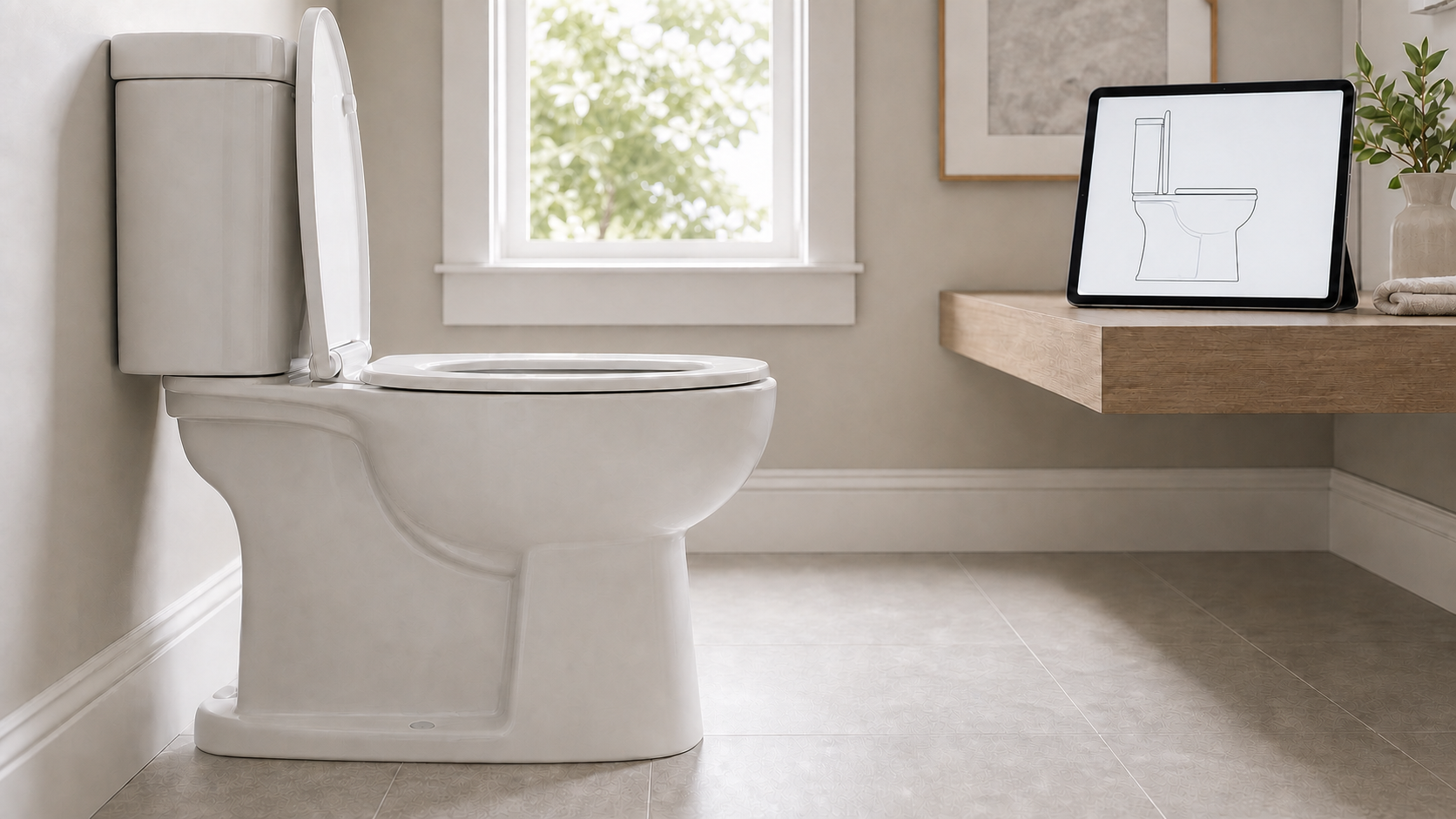 Installed toilet with the lid raised and seat ring lowered beside an unlabeled model drawing