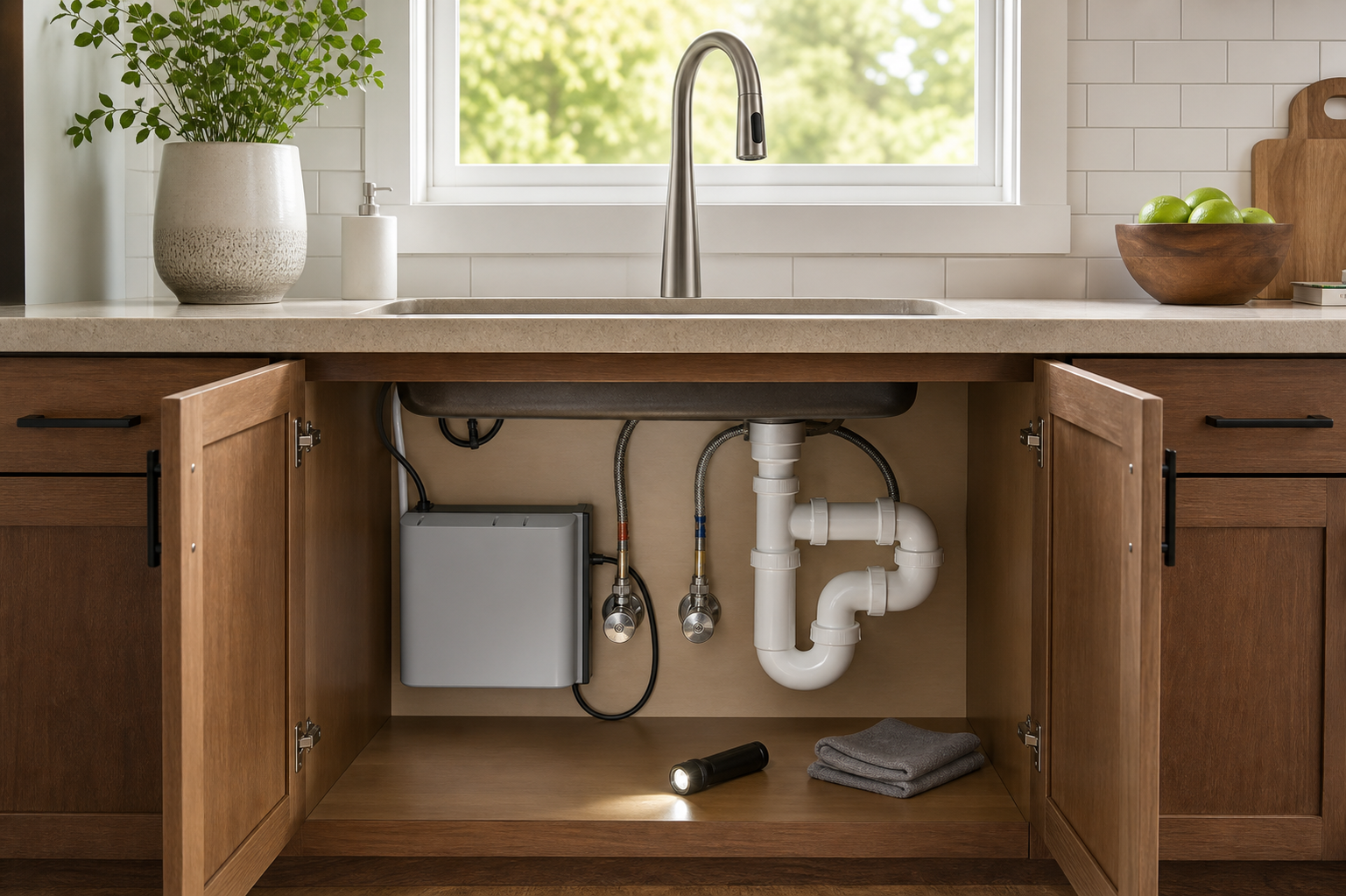 Plumbing scene for Moen Kitchen Faucet Battery Change: Safe Homeowner Checks