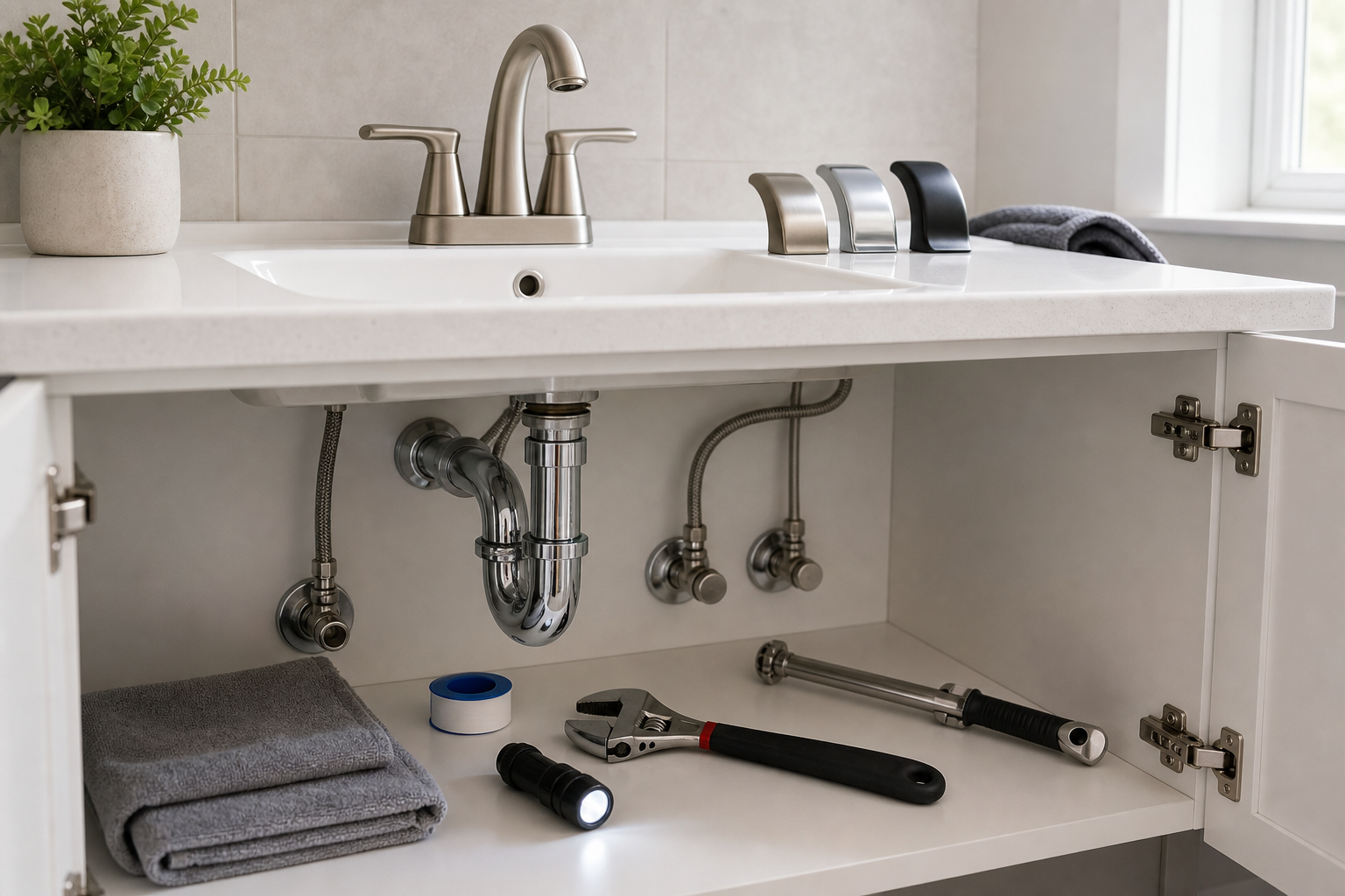 Plumbing scene for How to Choose a Bathroom Faucet Finish: Care and Compatibility Checks