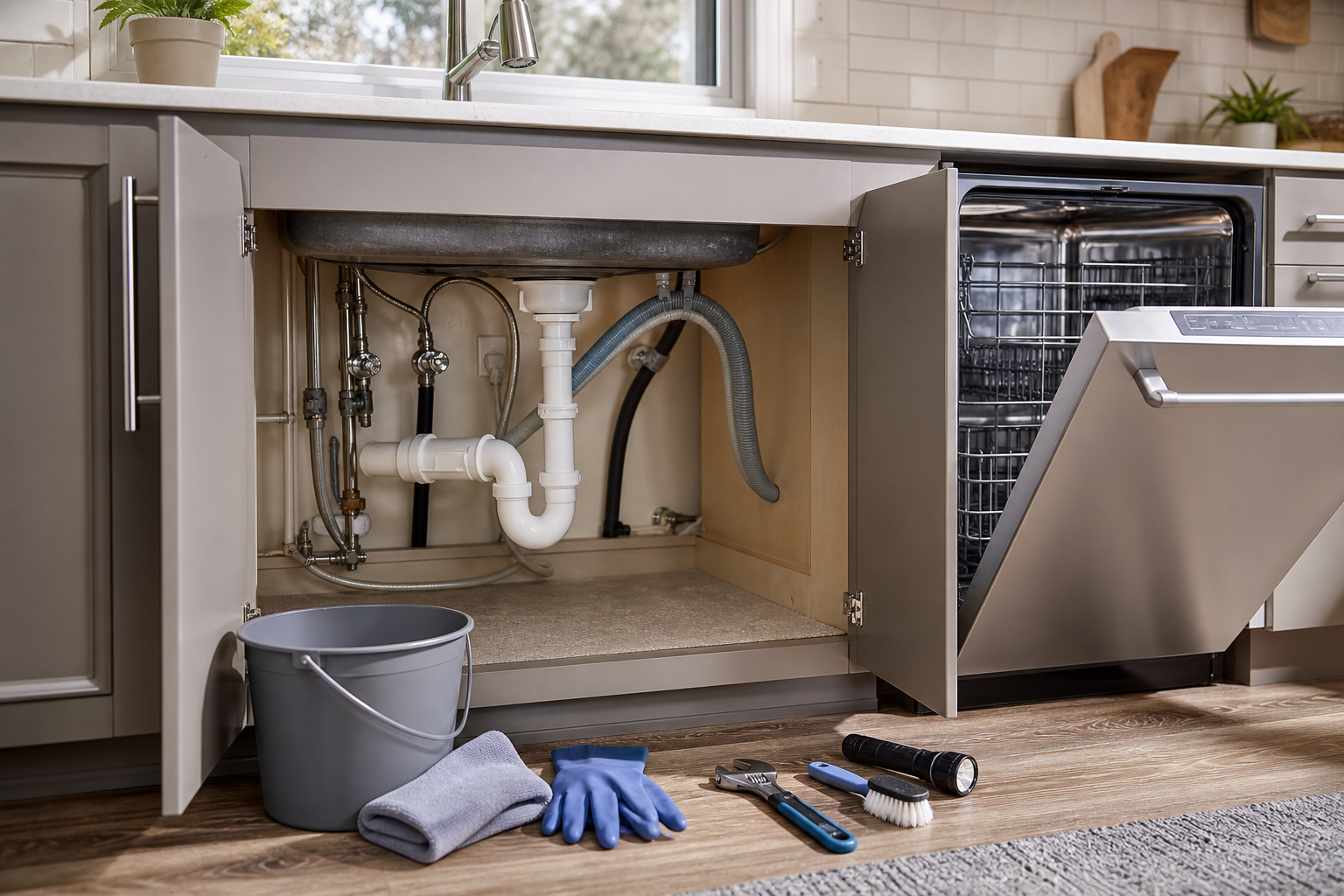 Plumbing scene for How to Clean a Dishwasher Drain Hose Without Removing It
