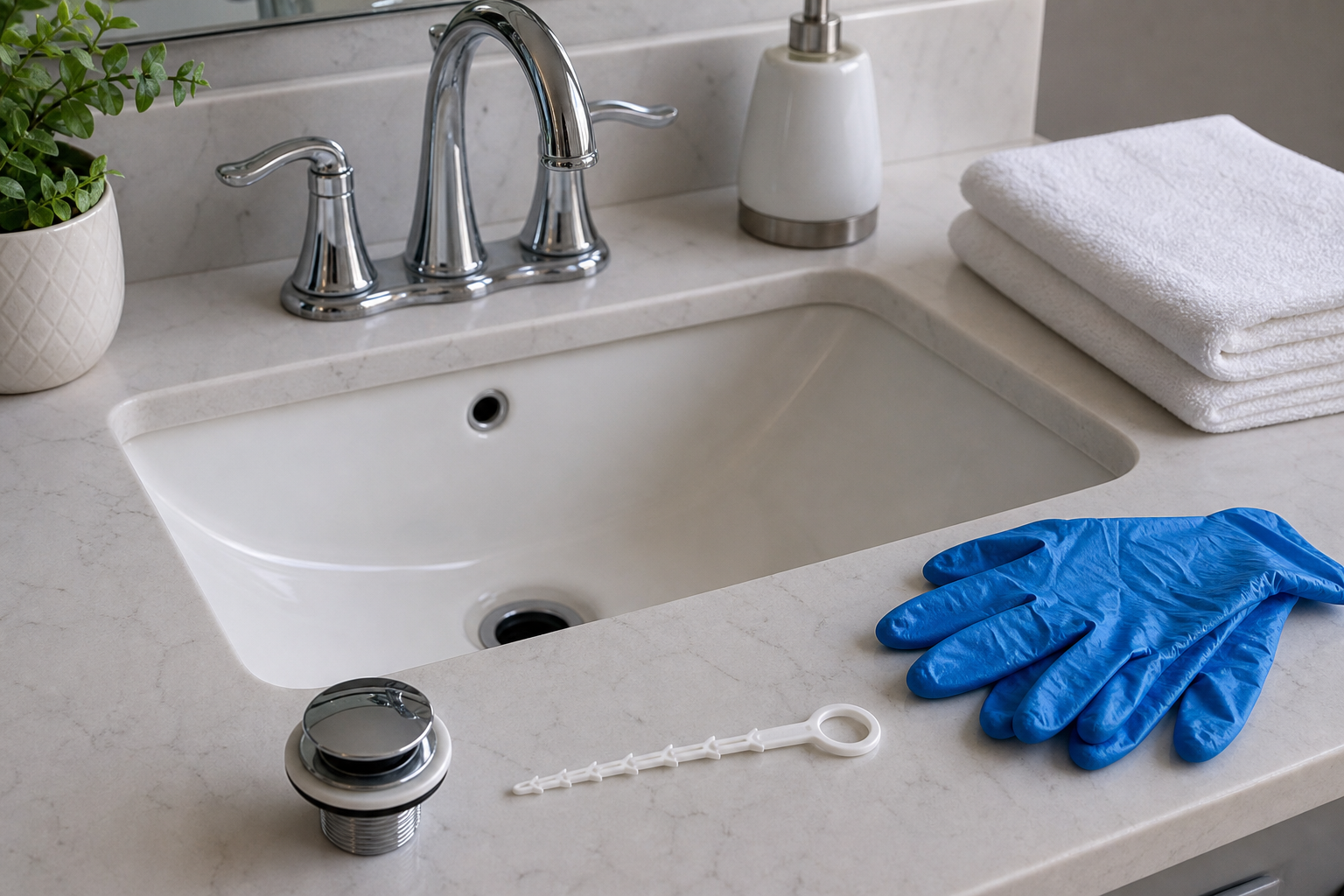 Plumbing scene for How to Get Hair Out of a Sink Drain Safely