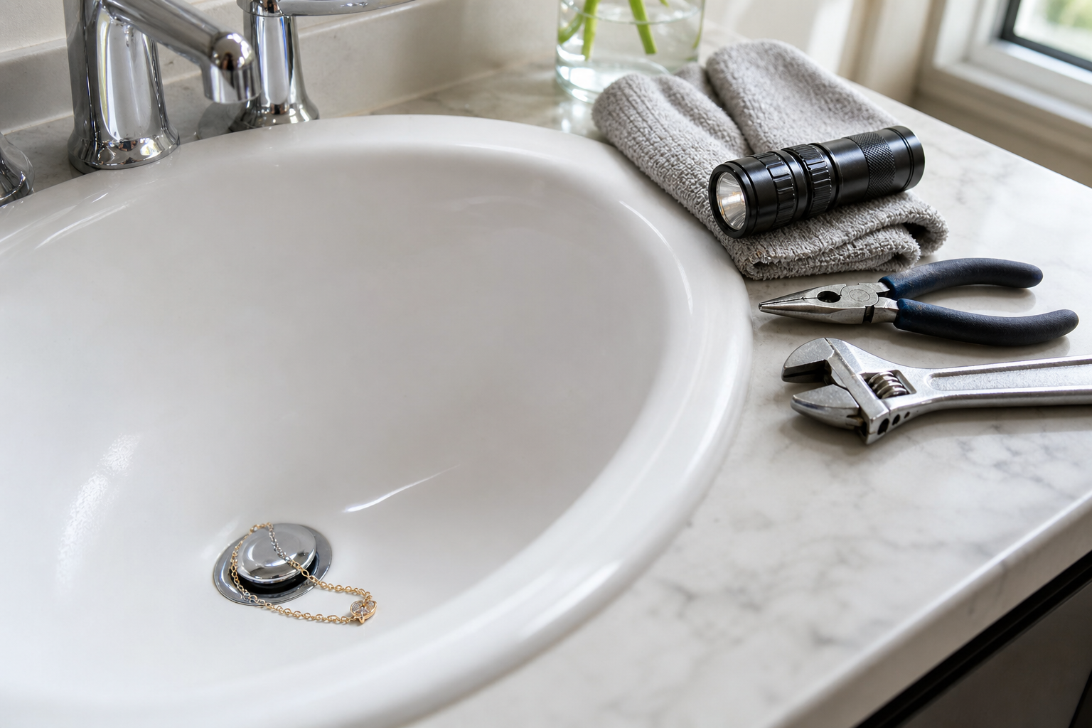 Plumbing scene for Necklace in the Sink Drain: Safe Retrieval Before Disassembly