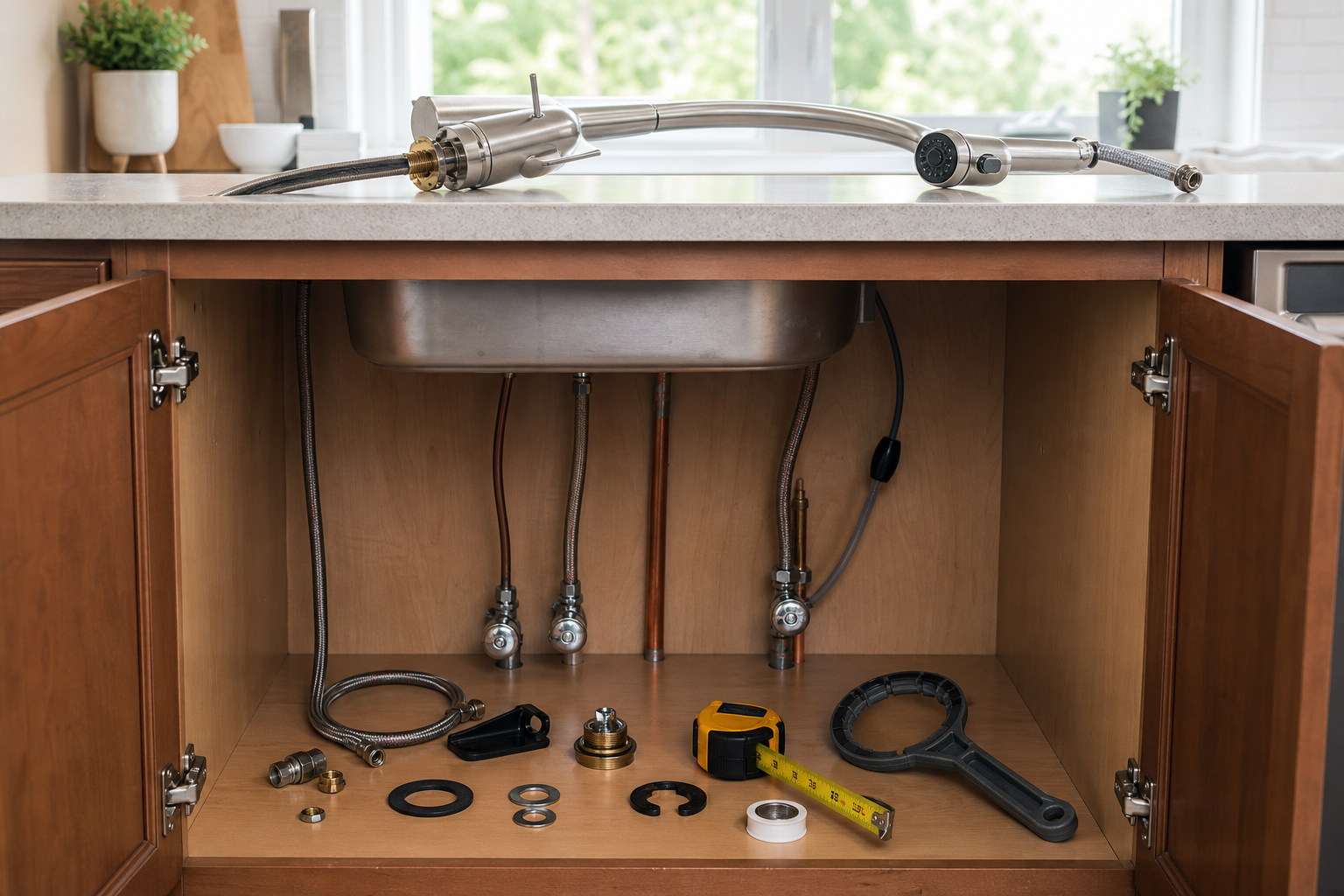 Plumbing scene for Pull-Down Kitchen Faucet Installation Planning Checks