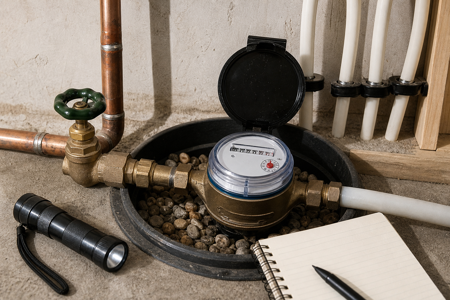 Plumbing scene for How to Read a Water Meter: Leak and Usage Checks for Homeowners