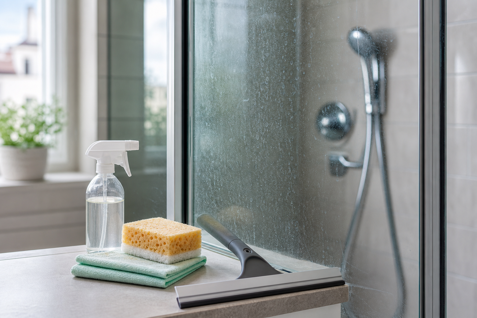 Plumbing scene for How to Remove Hard-Water Stains From Shower Glass Without Damage
