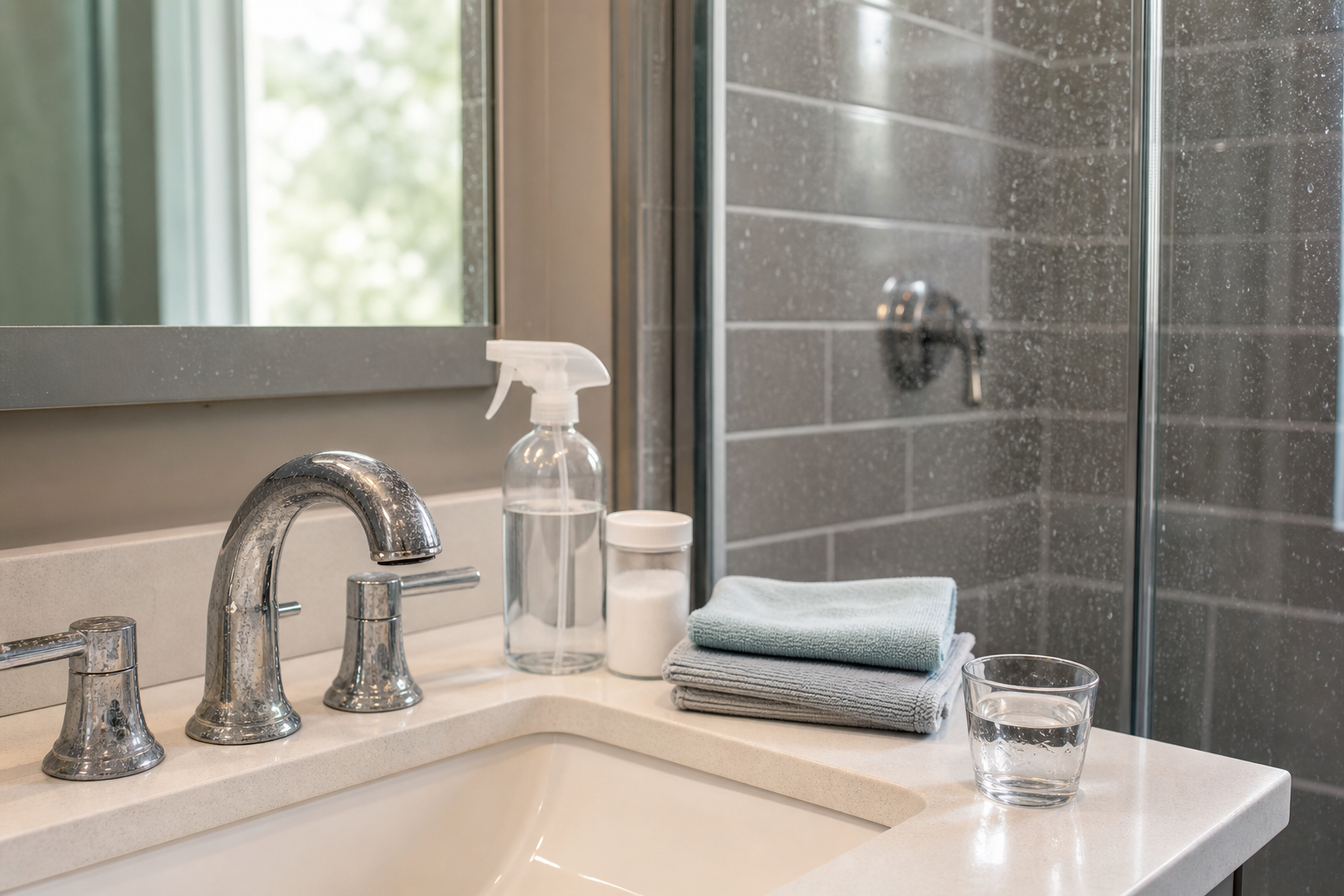 Plumbing scene for Hard-Water Stains on Fixtures and Glass: Surface-Specific Removal