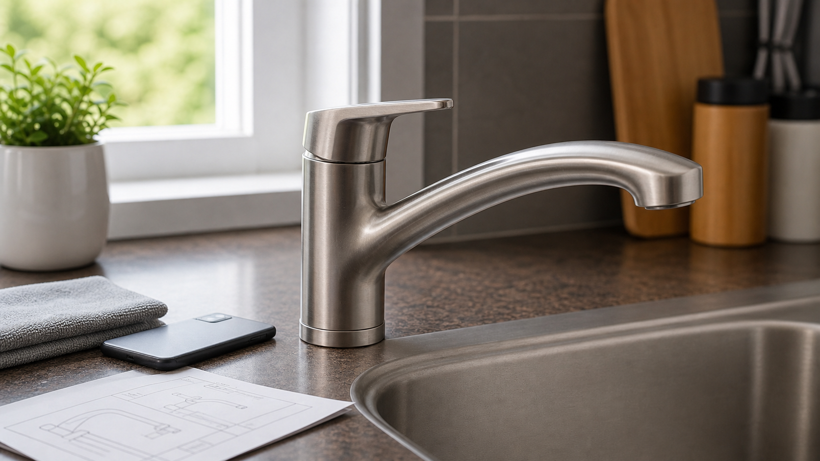 Complete kitchen faucet beside a phone and an unlabeled faucet diagram for model identification