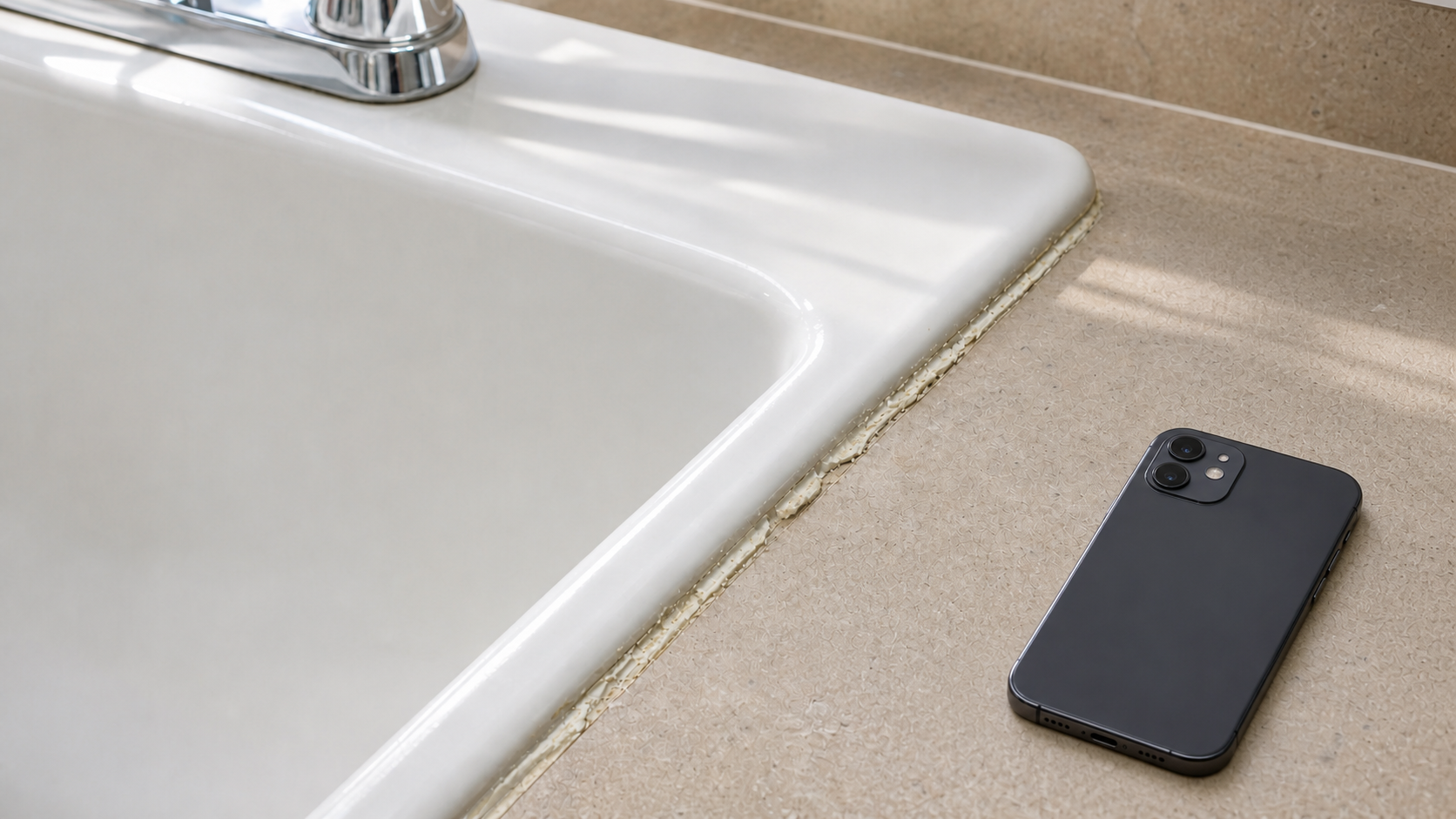 Aged sink-edge caulk with a phone nearby for documenting the seam before work