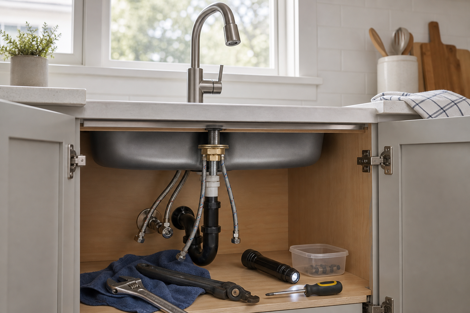 Plumbing scene for Loose Moen Single-Handle Kitchen Faucet: Tightening and Stop Points