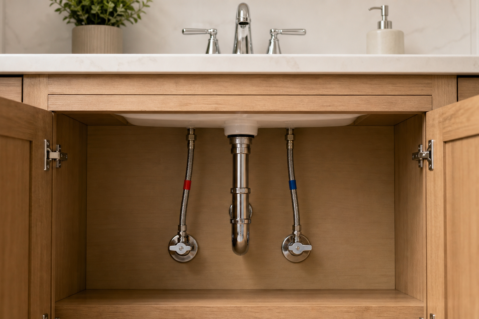 Tool-free view of red- and blue-marked sink supply lines and shutoff valves