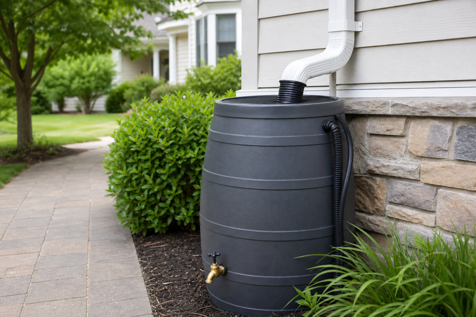 Lidded rain barrel connected to a home downspout for outdoor collection planning