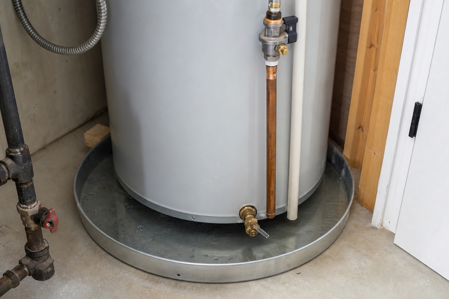 Plumbing scene for Water in the Water-Heater Pan: Leak or Condensation Warning Signs