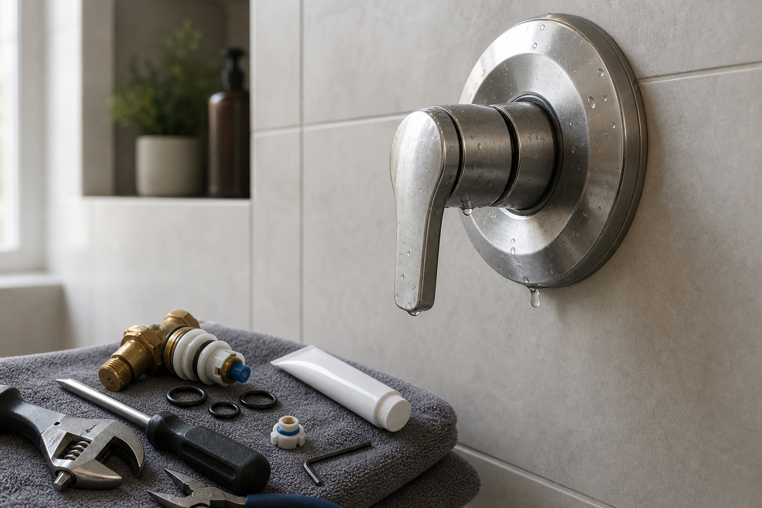 Plumbing scene for Shower Handle Leaking: Trim, Cartridge, and Stop-Point Clues