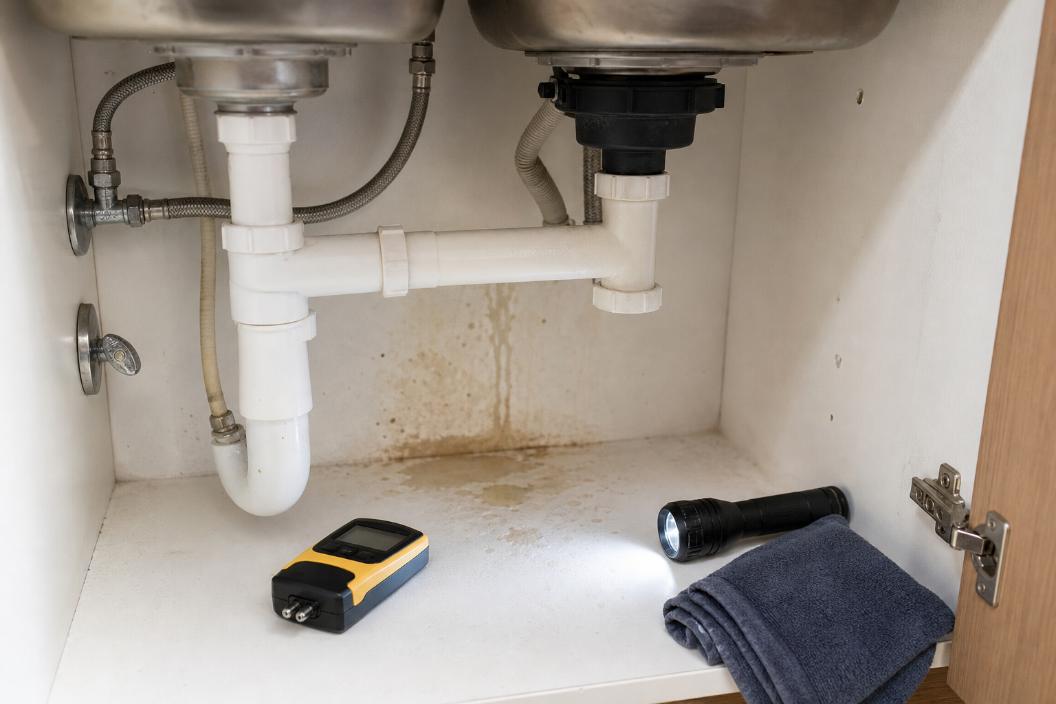 Plumbing scene for Signs of a Leaking Pipe: What Homeowners Can Observe Safely
