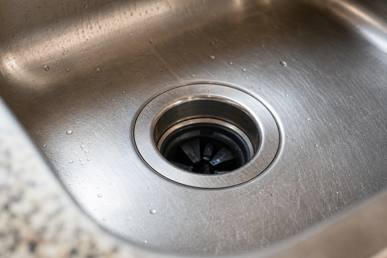 Stainless disposer flange seated in a kitchen sink drain opening