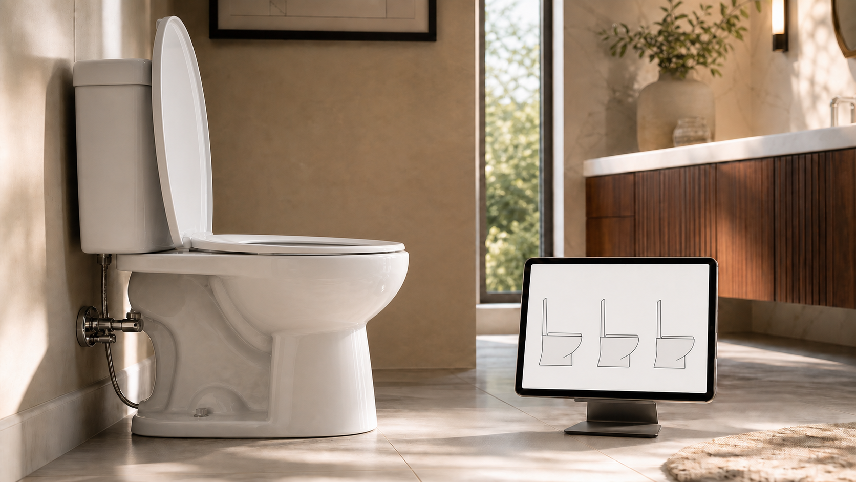 Installed toilet with the lid raised and seat ring lowered beside three unlabeled toilet profiles for model comparison