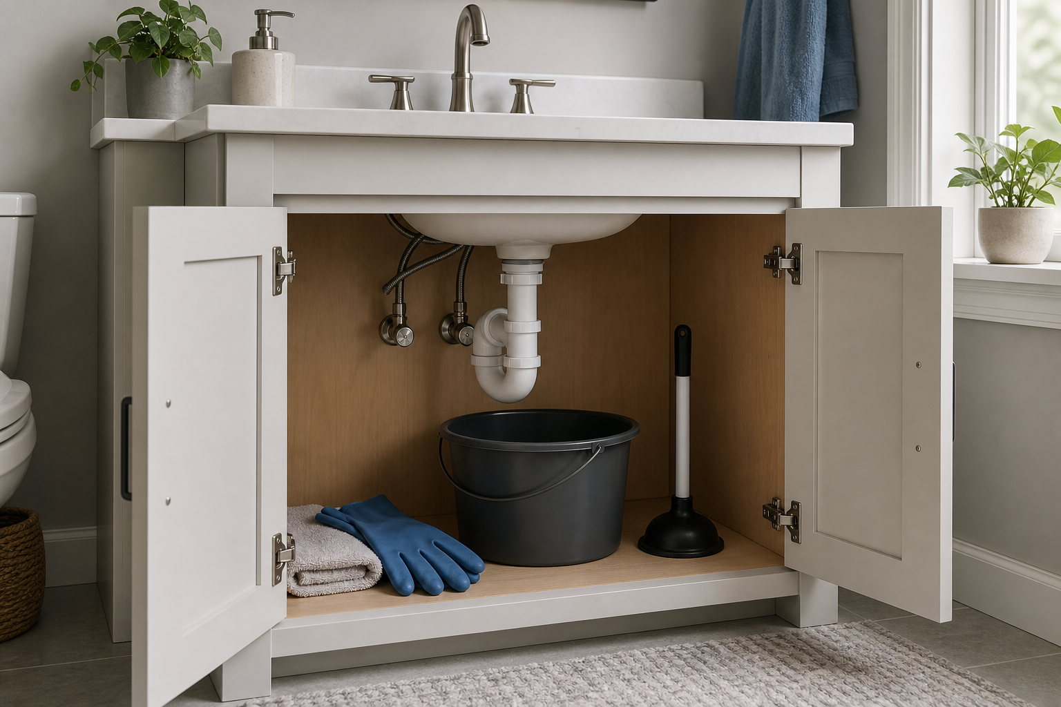 Plumbing scene for Slow-Draining Sink: Safe First Checks and Stop Points