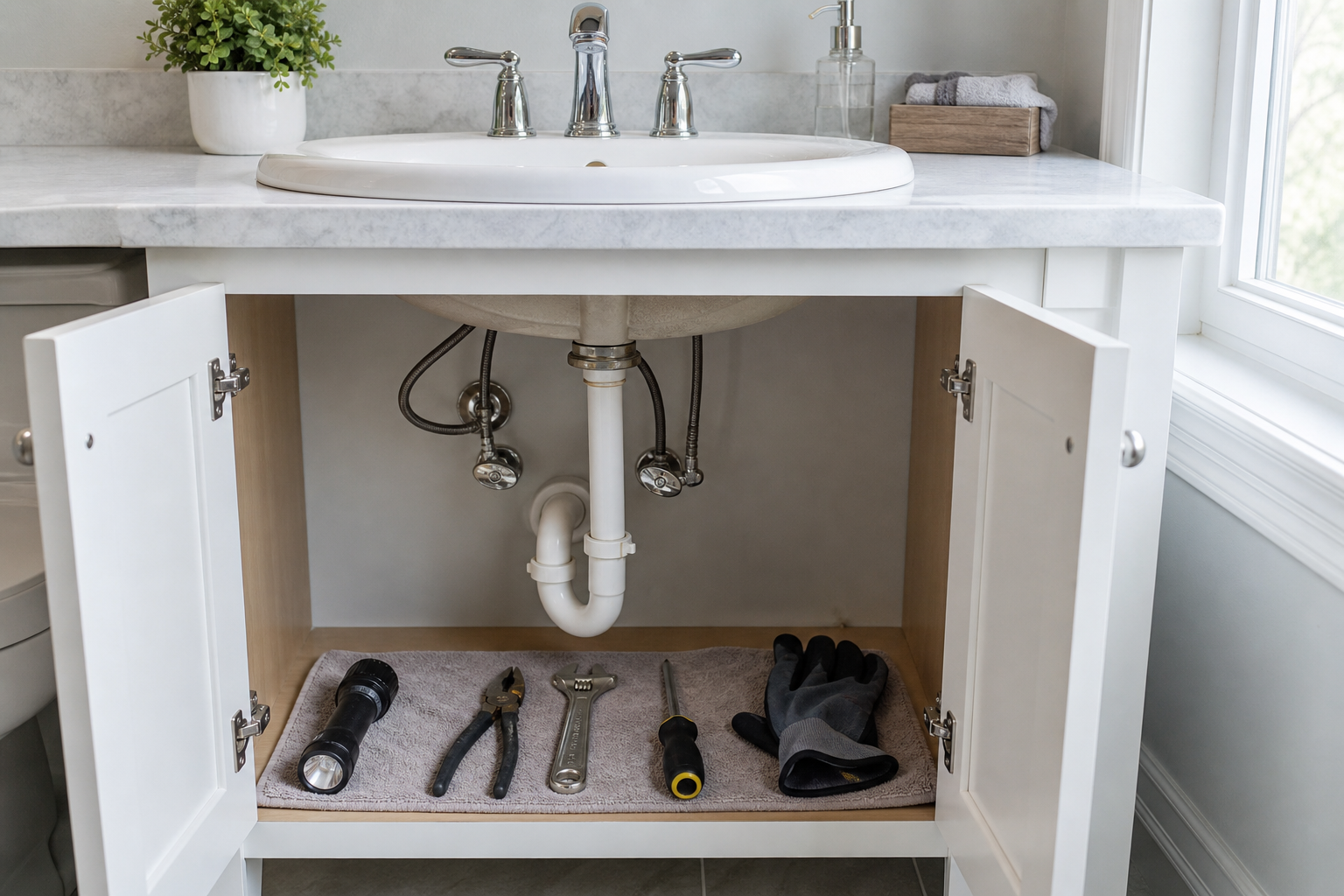 Plumbing scene for Bathroom Sink Smells Like Sewer: Drain, Trap, and Vent Clues