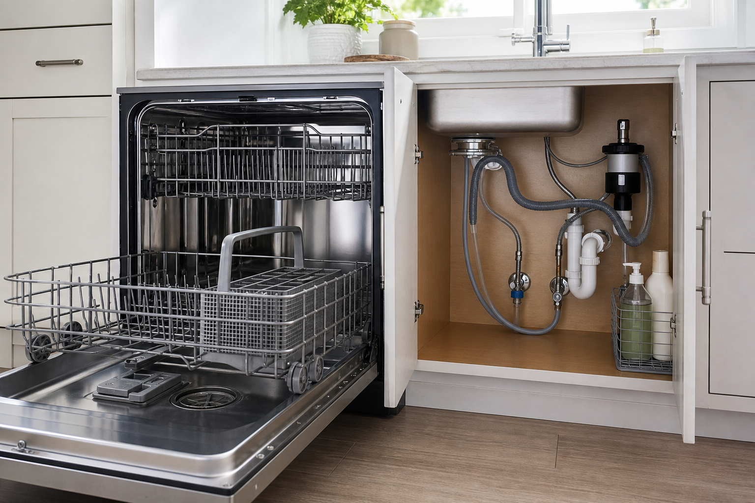 Plumbing scene for Dishwasher Smells Like Sewer: Manual-First Drain and Air-Gap Checks