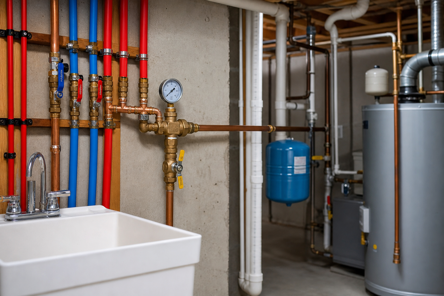 Plumbing scene for Low Water Pressure Throughout the House: Safe First Checks