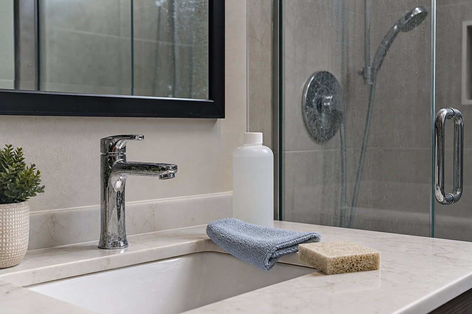 Plumbing scene for How to Clean Hard Water Stains Without Damaging Surfaces