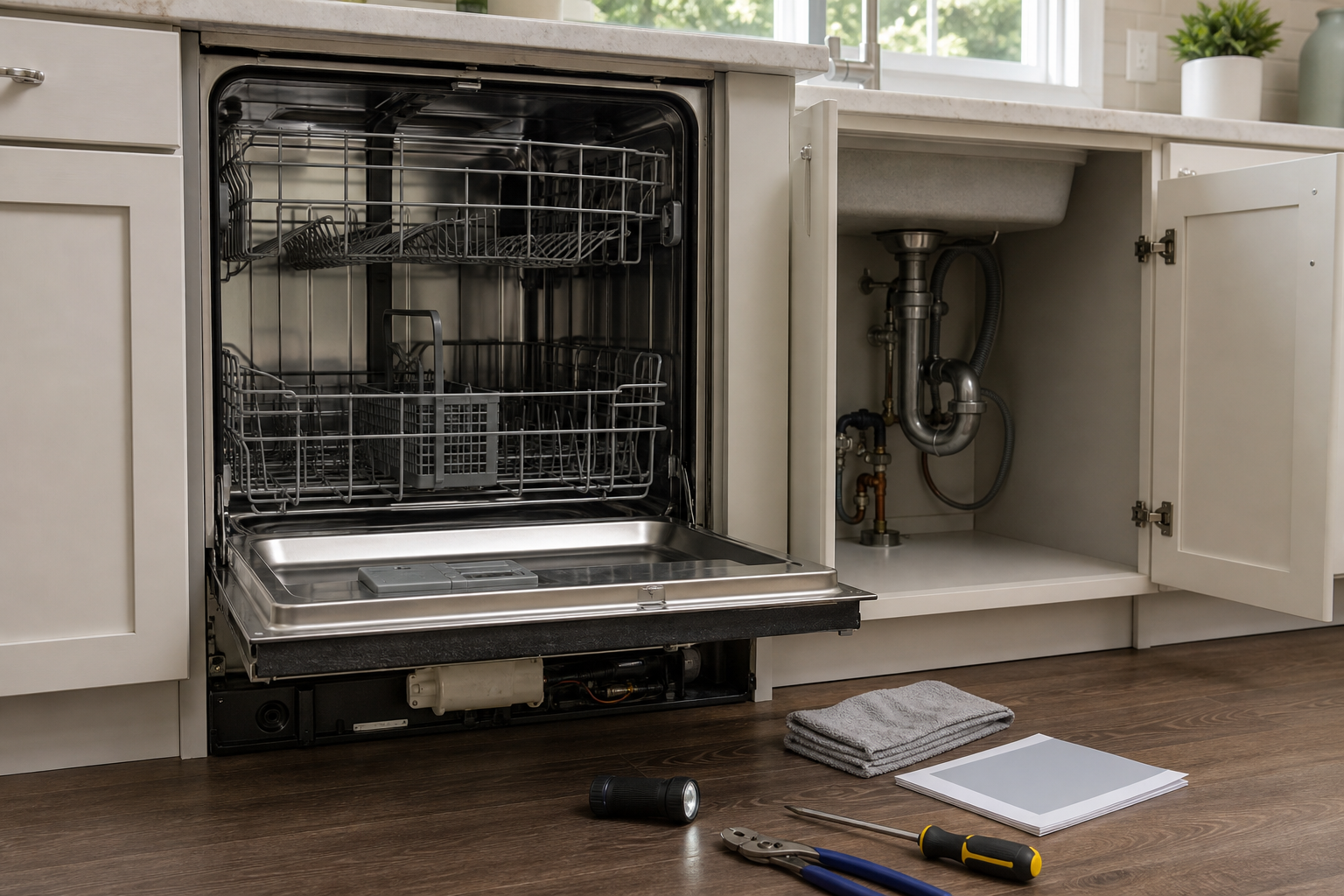 Plumbing scene for How to Reset a Dishwasher Safely: Model-Manual Checklist