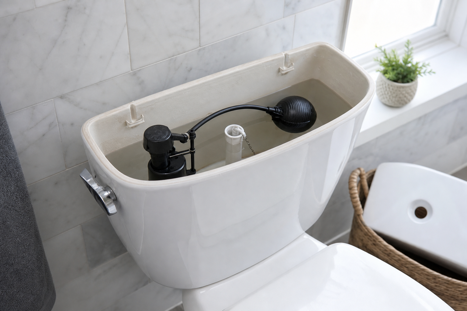 Open toilet tank with the fill and flush components visible