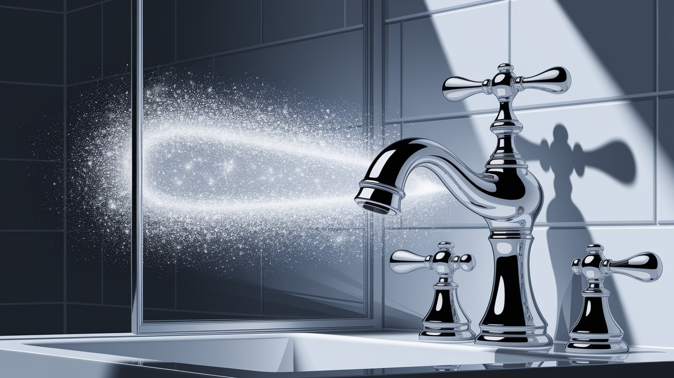 A photorealistic, high-quality, and highly detailed conceptual illustration for "Sparkle Restored: Your Quick Fix for Hard Water Stains".  Visualize a pristine, gleaming chrome faucet or glass shower door section, dramatically contrasted with areas actively dissolving or being sparklingly cleared of prominent, chalky white hard water stains.  Show small, effervescent bubbles or a subtle, shimmering effect emanating from the cleaning action.  The composition should be clean and professional, with sharp focus on the area of restoration.  Utilize good, clean directional lighting to highlight the restored sparkle and the texture of the remaining stains.  Ensure the water stains are clearly identifiable as such. Well-composed and polished execution.
