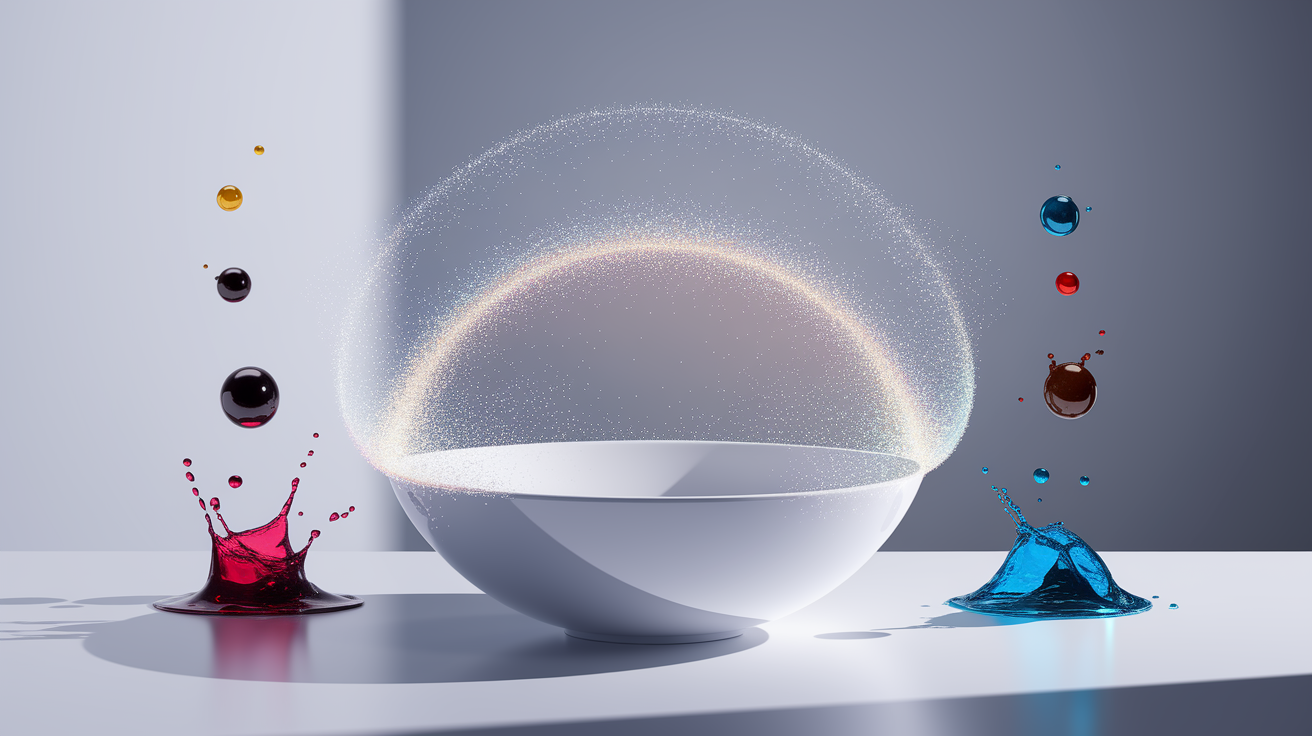 Conceptual photorealistic illustration: A seamless, invisible, protective shield shimmering around a pristine object (e.g., a gleaming porcelain sink, a section of perfectly white fabric). The shield is subtly textured, like an ultra-fine layer of energy or light, deflecting minuscule, colorful droplets or particles that represent potential "stains" (e.g., a splash of red wine, a drop of coffee, a smudge of ink). The droplets are captured in mid-air, unable to penetrate the shield. The background is clean and minimalist, allowing the foreground concept to stand out. Lighting is bright and even, highlighting the object's cleanliness and the shield's presence without being harsh. Focus is sharp on the shield and deflecting particles. Composition is balanced and professional, emphasizing the protective action. Ultra-high detail, professional quality, clean aesthetic.