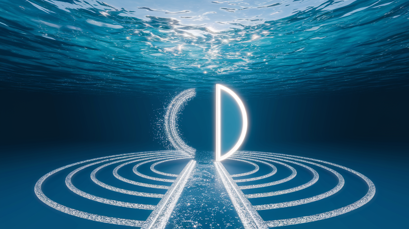 A hyper-realistic photorealistic conceptual illustration symbolizing "Dive Right In". Visualize a crystal-clear, shimmering body of water, perhaps a serene pool or an inviting ocean surface. A single, distinct pathway or opening is clearly visible just below the surface, illuminated by dappled sunlight filtering through. Represent the "diving in" action conceptually &ndash; perhaps through subtle ripples emanating outwards, or the graceful descent of an abstract, luminous shape or a symbolic element (like a book opening, or a door) breaking the surface tension. The lighting is bright, natural, and highlights the clarity and depth of the water. Composition is clean and focused on the entry point. High quality, hyper-detailed, professional, sharp focus, well-composed, cinematic lighting, octane render.