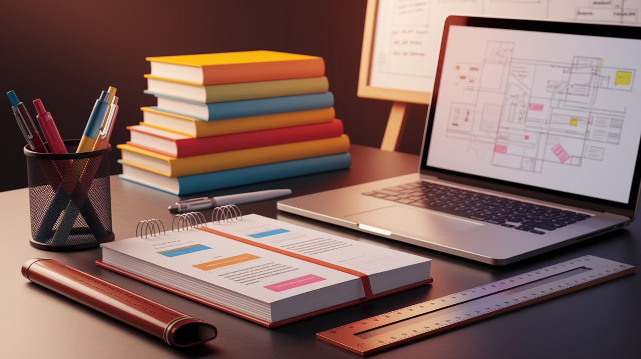 A photorealistic conceptual illustration: A professional work desk is impeccably organized and bathed in warm, focused light. In the foreground, a gleaming, high-quality toolkit is meticulously arranged, showcasing diverse tools like a sleek, modern laptop, ergonomic pens, a designer notebook with clear notes visible, and perhaps a subtle, architectural ruler. The background subtly implies preparation, perhaps a neatly stacked pile of relevant books or a partially visible, well-defined plan on a whiteboard. The composition is clean, minimalist, and highly detailed, emphasizing the preparedness and readiness implied by "Gear Up with Tools & Prep." Sharp focus and excellent lighting contribute to the high-quality, professional aesthetic.