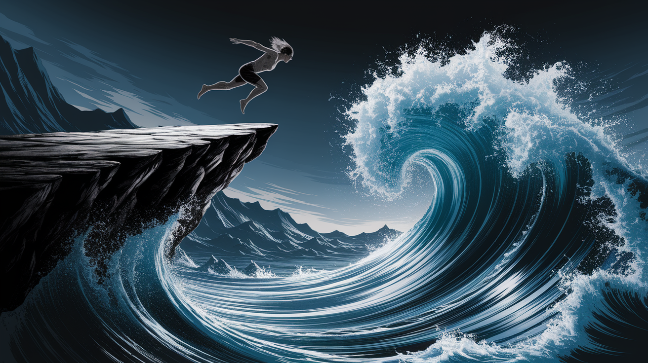 A powerful, conceptual illustration depicting a moment of decisive action and subsequent empowerment. Visualize a lone figure, rendered in sharp, photorealistic detail, poised on a precipice overlooking a chaotic, dynamic landscape. Water, rendered with photorealistic realism, should be integral to the scene, perhaps the figure is mid-plunge into turbulent waters below, or the landscape is dominated by a vast, powerful body of water. This "plunge" should visually represent the act of embracing difficulty or a challenge head-on. The chaotic landscape or turbulent water should symbolize the challenges being confronted. Emerging from or impacted by this plunge, incorporate visual elements that symbolize "powering through." This could be a surge of light emanating from the figure or the water, a sense of dynamic upward motion, or the figure breaking through the surface with determined strength. The overall style should be photorealistic with intricate details and textures, demonstrating a high level of artistic skill. Ensure a clean, professional composition with dramatic, high-quality lighting