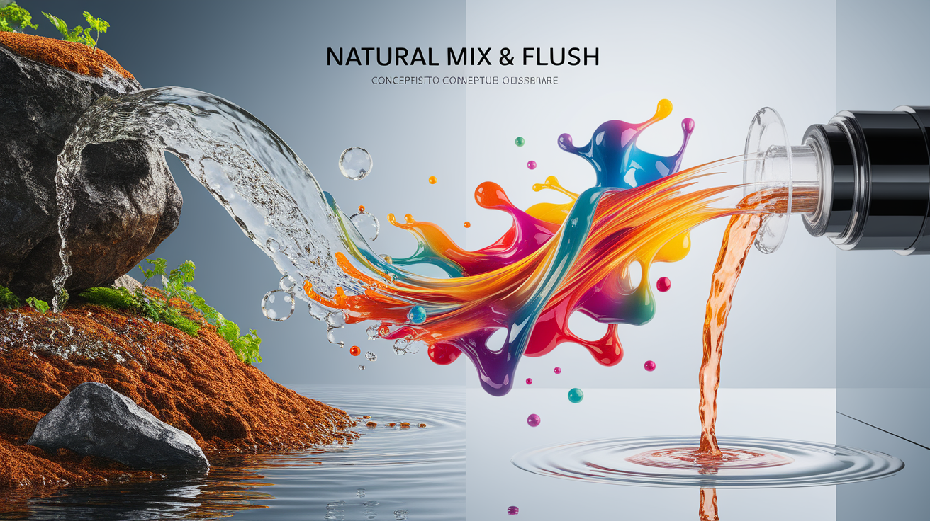 A clear, photorealistic conceptual illustration representing 'Natural Mix & Flush'. Visualize a dynamic, interconnected system: on the left, natural elements like flowing water and vibrant soil textures are depicted flowing into a central area. This central space shows molecules or abstract shapes gracefully combining and interacting, signifying the 'Mix'. On the right, the combined elements are seen being smoothly and cleanly carried away or filtered, representing the 'Flush'. The composition is clean and professional, with sharp focus on the central interaction. Lighting is bright and even, enhancing clarity and detail. The overall aesthetic is high-quality, detailed, and visually appealing, emphasizing the natural, efficient, and clear process.