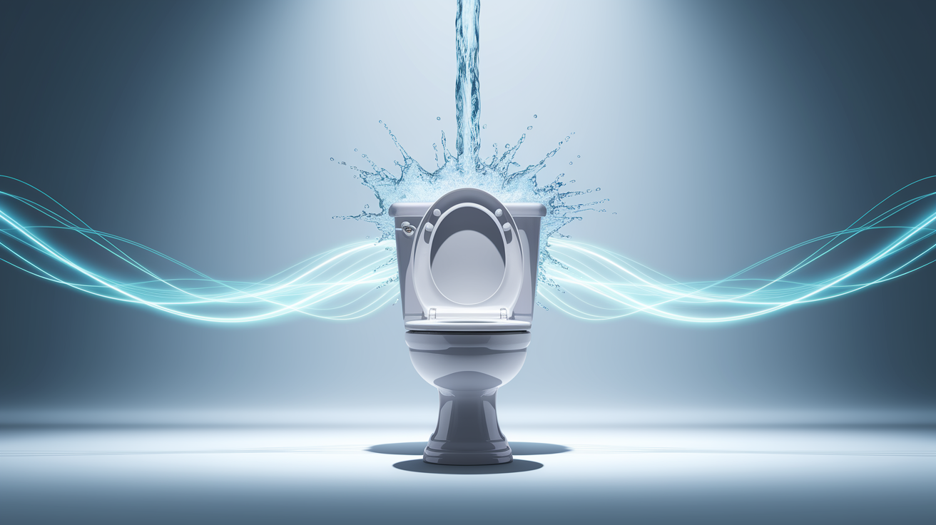 A photorealistic, conceptual illustration representing "Kickstart Your Clog-Free Flush." Visualize a stylized, pristine, white porcelain toilet with a single, powerful, clear stream of water shooting upwards from the flush mechanism, depicted as a burst of clean energy. This dynamic water stream is surrounded by subtle, ethereal wisps of blue light, symbolizing smooth, unimpeded flow. The composition is clean and minimalist, with the toilet centered against a soft, gradient background shifting from a cool, light blue at the top to a clean white at the bottom. The lighting is bright and crisp, highlighting the textures and curves of the toilet and the luminosity of the water stream and light wisps. Extremely high detail, professional quality, sharp focus throughout, and a perfectly balanced composition. Studio lighting, photographic realism.