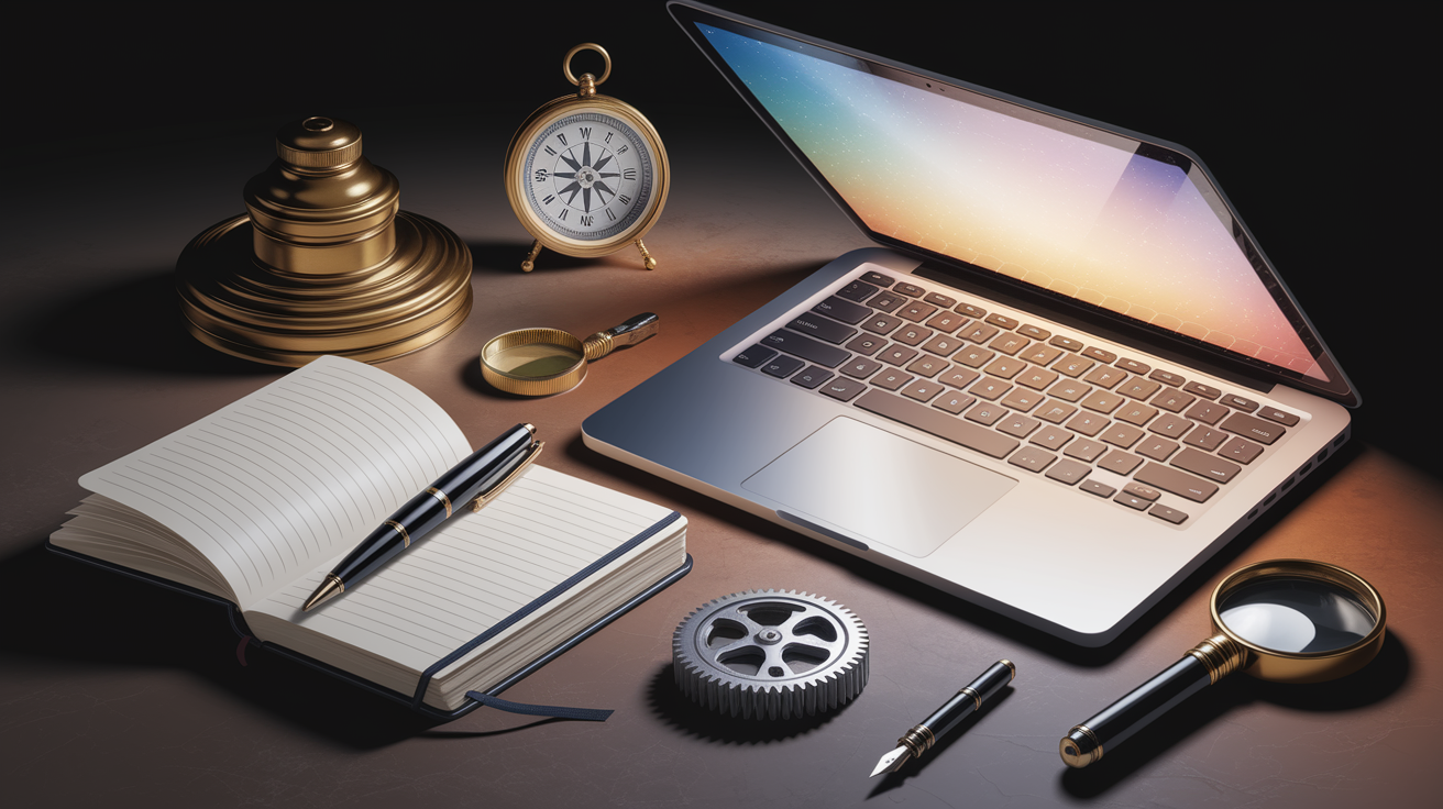 A finely detailed, photorealistic illustration of a curated collection of diverse tools. The arrangement is clean, professional, and well-composed, with sharp focus and balanced, natural lighting casting subtle shadows. Dominant in the foreground is a sleek, modern laptop open to a blank screen, symbolizing digital tools. Adjacent are a sturdy, well-worn notebook and a classic pen, representing traditional methods. Interspersed are symbolic items: a compass pointing true north, depicting direction; a magnifying glass, illustrating observation and detail; a small, gleaming gear, symbolizing ingenuity and problem-solving; and a vibrant paintbrush and palette, representing creativity. The background is a subtly blurred, warm-toned professional workspace, suggesting a focused environment. The overall impression is one of preparedness, expertise, and the synergistic blend of diverse resources. Ultra high quality, professional, highly detailed, clean composition, excellent lighting, sharp focus, perfectly well-composed.