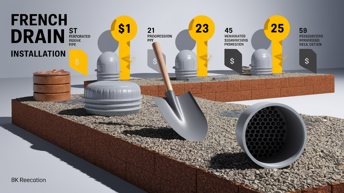 A hyper-realistic, professionally lit, step-by-step instructional photorealistic illustration detailing the process of [Insert Specific Drainage Process - e.g., French drain installation, unclogging a sink, storm drain clearing]. Each step is clearly and sequentially presented in a clean, well-composed layout. Vivid visual aids include prominent, contrasting arrows indicating flow and progression, bold, legible numbered steps (1, 2, 3...), and distinct visual separation between each stage of the process. Key elements like [Add 2-3 specific tools or materials relevant to the process, e.g., shovel and gravel for a French drain, plunger and drain snake for a sink, grate lifter and hose for a storm drain] are depicted with sharp focus and high detail within the appropriate steps. The overall style is professional, detailed, and instructional, with excellent lighting highlighting the textures and details, ensuring a sharp and clear visual guide. Clean background with minimal distractions. 8k resolution.