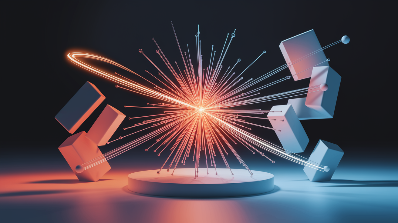 A photorealistic conceptual illustration representing "Quick Alternative Techniques". Focus on a vibrant, dynamic visualization of a rapid, elegant problem-solving process. Depict a series of interconnected elements, perhaps stylized visual metaphors, that suggest efficiency and ingenuity: a swift, stylized line connecting disparate points, representing a shortcut; a burst of light or energy emanating from a central point, symbolizing a sudden insight; and minimalist, geometric shapes rapidly reconfiguring, illustrating adaptable solutions. The composition should be clean and professional, with sharp focus on the core elements and excellent, directional lighting that creates subtle highlights and shadows, enhancing depth and detail. The overall tone should be one of optimism and innovation. high quality, detailed, well-composed professional, clean composition, good lighting, sharp focus.