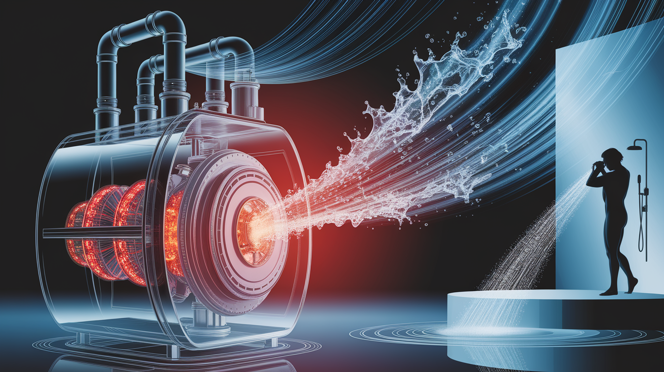 Photorealistic, detailed conceptual illustration representing "Instant Answer: Tankless Water Heaters Explained." Foreground focuses on a stylized, transparent depiction of a tankless water heater, showcasing its internal heating elements (subtly glowing red) and intricate pipework. From the outlet pipe, turbulent, steaming water flows dramatically to represent "instant" hot water delivery. Surrounding elements subtly illustrate key benefits: a rapid, upward energy flow from the unit indicating efficiency, a silhouette of a person enjoying a long, continuous shower in the background (slightly blurred to emphasize the unit), and perhaps faint, ethereal lines suggesting endless hot water supply. The overall composition is clean and professional, utilizing a clean, bright background with a subtle gradient to emphasize the central unit. Sharp focus on the tankless heater and the initial water flow. Lighting is bright and even, highlighting the internal components and the steam. A sense of modernity and efficiency is conveyed through color palette (perhaps cool blues, silver, and warm pops of red/orange