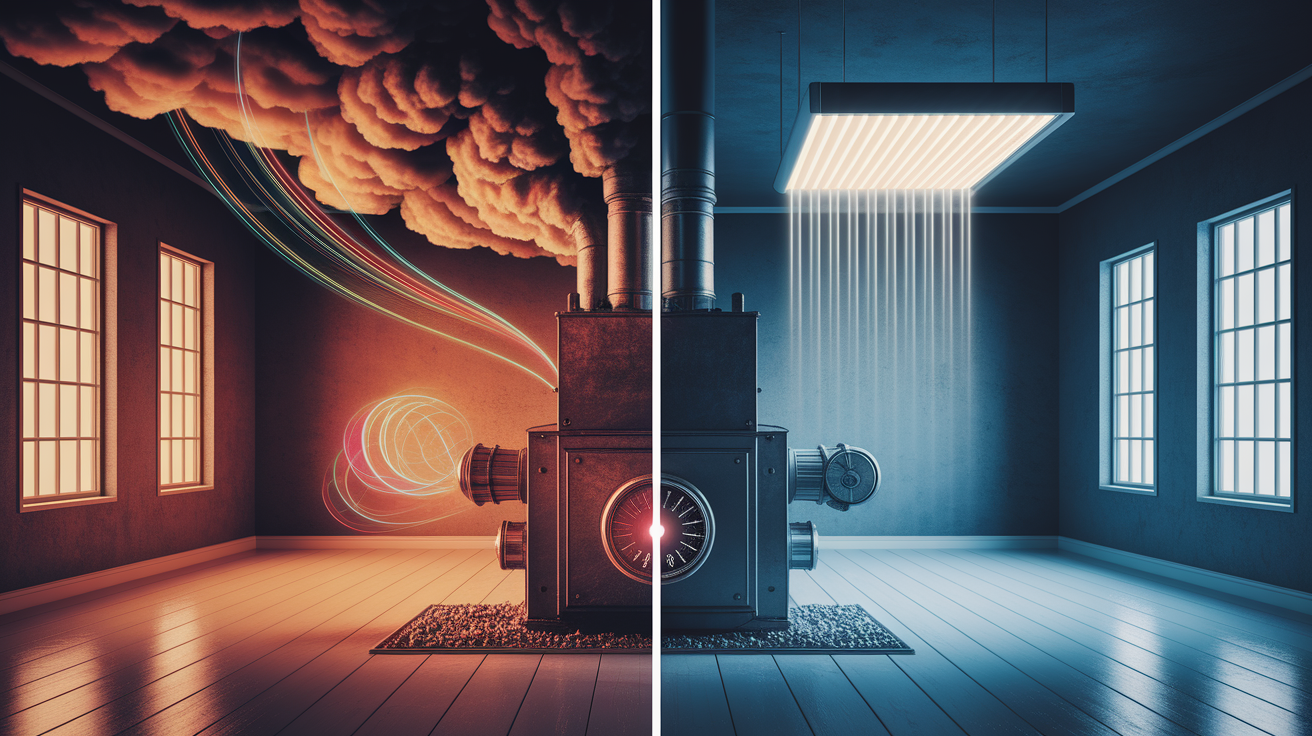 A conceptual illustration symbolizing 'Why On-Demand Heating Wins'. Visualize a split-screen or interwoven scene. On the left/behind (representing traditional heating), depict a scene of inefficiency: perhaps a large, aging furnace emitting heat into an empty or partially occupied large house with a significant portion of energy visibly escaping through windows, or an overhead view illustrating widespread, undirected heat distribution. A faint, warm, slightly dull light source could represent this. On the right/foreground (representing on-demand heating), depict a modern, sleek, localized heating element (visually abstract but clear, e.g., a glowing panel or beam) precisely targeting a localized area of comfort within a smaller, more efficiently lit space, like a cozy armchair or a workstation. This could be emphasized by a bright, focused, warm light source within that specific area, contrasted with cooler or non-existent heat diffusion elsewhere in the room. Add subtle visual cues: perhaps a gauge showing wasted energy on the left, and a gauge showing