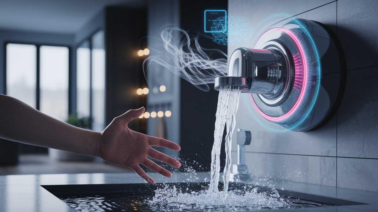 Visualize a photorealistic, high-quality, and professional conceptual illustration. The core concept "A Cold Surprise: Instant Answers to Your Tankless Heater Shutdown" is represented through a clear and creative composition. In the foreground, a close-up of a person's hand recoiling dramatically from a suddenly icy stream of water flowing from a modern, sleek tankless water heater mounted on a wall. The water should appear starkly cold, perhaps with subtle visual cues like steam or mist rising &ndash; or ice crystals forming on the faucet head &ndash; emphasizing the "cold surprise."

Emerging from or surrounding the tankless heater unit, visualize abstract yet recognizable elements representing "instant answers." These could be subtle, glowing digital interfaces displaying troubleshooting steps, question marks transforming into clear solutions, or light beams emanating from the unit guiding the hand towards an answer or a digital device like a smartphone displaying a diagnostic app.

The lighting should be dramatic and evocative, perhaps highlighting the contrast between the warmth of a typical home setting
