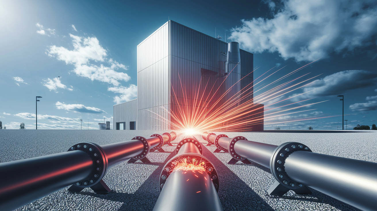 A photorealistic, high-quality conceptual illustration depicting the vulnerability and impact of fuel supply interruptions on a modern, industrial gas power generation unit. Visualize a sleek, metallic gas turbine building under a crisp daylight sky. Focus on a crucial, clearly visible fuel pipeline leading to the unit. This pipeline is depicted with a symbolic break or a section with visibly disrupted flow &ndash; perhaps represented by a dramatic color shift, a subtle energy disturbance effect, or a section physically disjointed but held together by conceptual energy lines signifying the 'interruption'. Around this pipeline, subtle visual cues of vulnerability or impact are present: perhaps a faint ripple effect in the air near the disruption, or a distant, subtly darker plume from a different, non-functional stack (implying shutdown). Maintain a clean composition with strong leading lines guiding the eye towards the disrupted pipeline section. Use professional, well-composed lighting to highlight the metallic textures of the machinery and the symbolic disruption, creating sharp focus on the key elements. The overall aesthetic