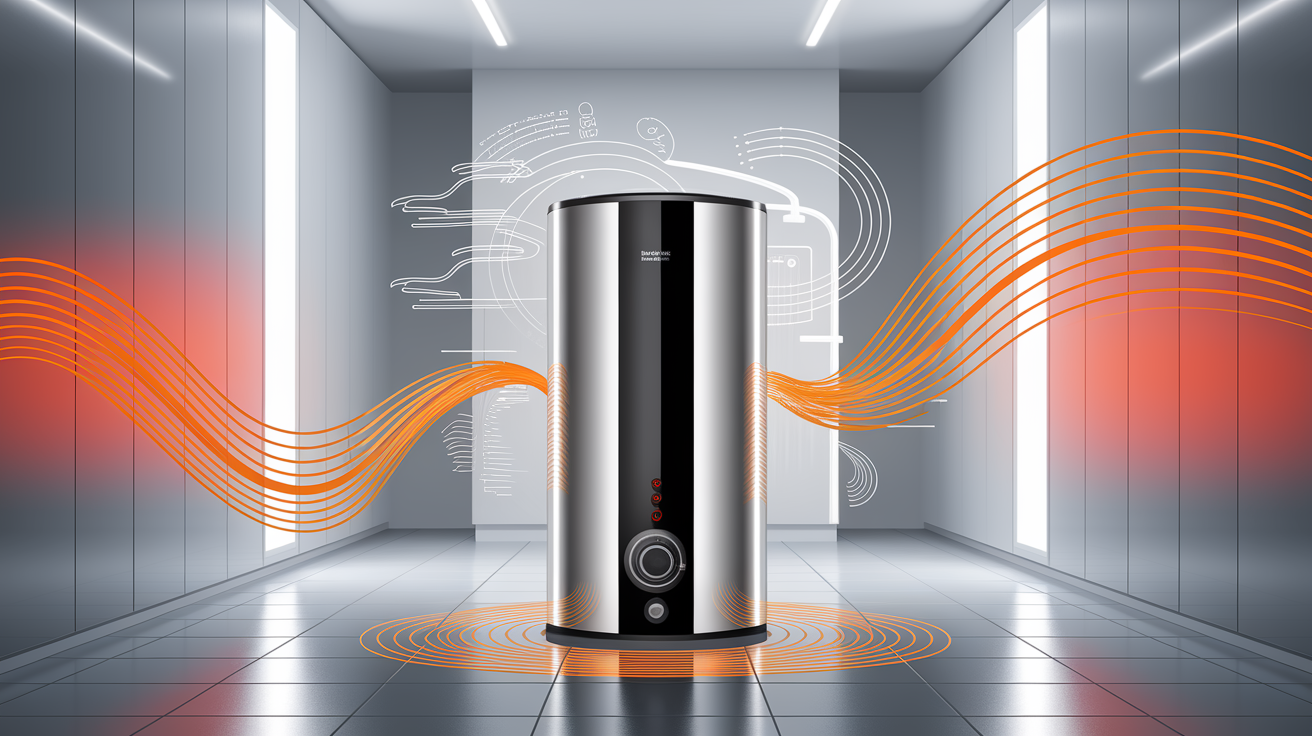 Photorealistic conceptual illustration: A modern, gleaming tankless water heater is centrally positioned in a clean utility space, its compact form a stark contrast to a ghostly, fading silhouette of a traditional, bulky hot water tank behind it. Dynamic, swirling lines of vibrant orange representing hot water flow visibly from the tankless unit, then branch out and diminish in intensity, illustrating the concept of varying flow rates and demand. Above the unit, subtle, abstract icons or graphics symbolizing water flow (perhaps varying line thicknesses or ripple patterns) are subtly integrated, hinting at flow rate calculations. The scene is bathed in bright, clean, professional lighting that highlights the metallic finish of the tankless heater and creates soft shadows. The composition is clean and uncluttered, with a sharp focus on the main unit. Elements like copper pipes and electrical connections are visible but rendered with a sleek, modern aesthetic. The overall mood is efficient, modern, and empowering. high quality, professional, detailed, well-composed.