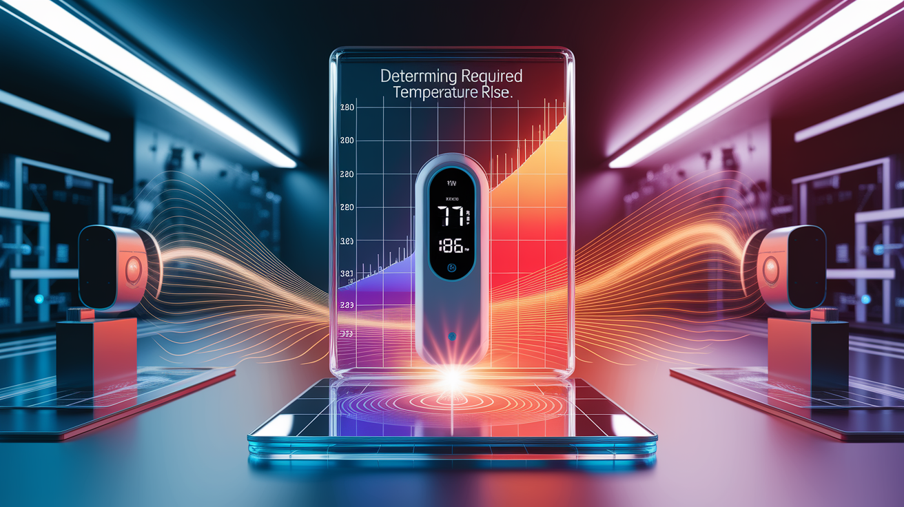 A conceptual illustration: Determining Required Temperature Rise. Visualize the main ideas through a detailed, photorealistic depiction of a sophisticated laboratory environment. A central element focuses on a clear scientific instrument, perhaps a digital thermometer displaying a rising temperature graph or a heat flux sensor interacting with a sample. Subtle visual cues like fluctuating heat waves emanating from the sample or color gradients representing temperature change are incorporated. The lighting is precise and clinical, highlighting key measurement points or equipment. The composition is clean and professional, emphasizing clarity and accuracy. Details are sharp and rendered with high fidelity, from the texture of the lab equipment to the precision of the digital readouts. The image is well-composed for visual impact and understanding.